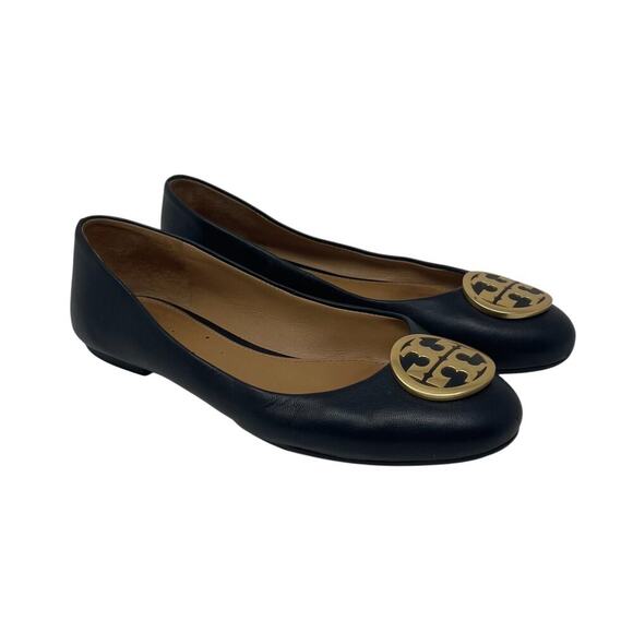 Tory Burch Benton Ballet Flats - Black Nappa Leather - Gold Tone - Size 7 - Picture 1 of 8